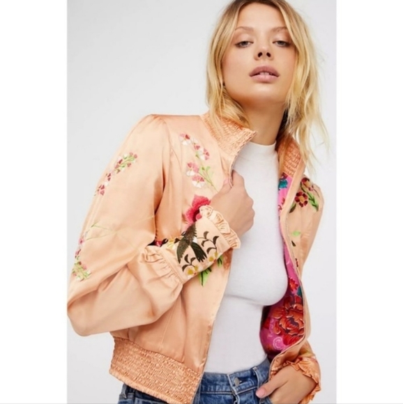 Free People Jackets & Blazers - NWT Free People Just Peachy Satin Floral Embroidered Cropped Bomber Jacket Small